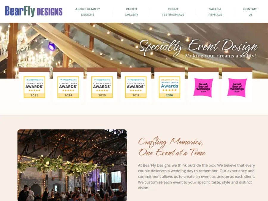 Full homepage screenshot of the Bearfly Designs website