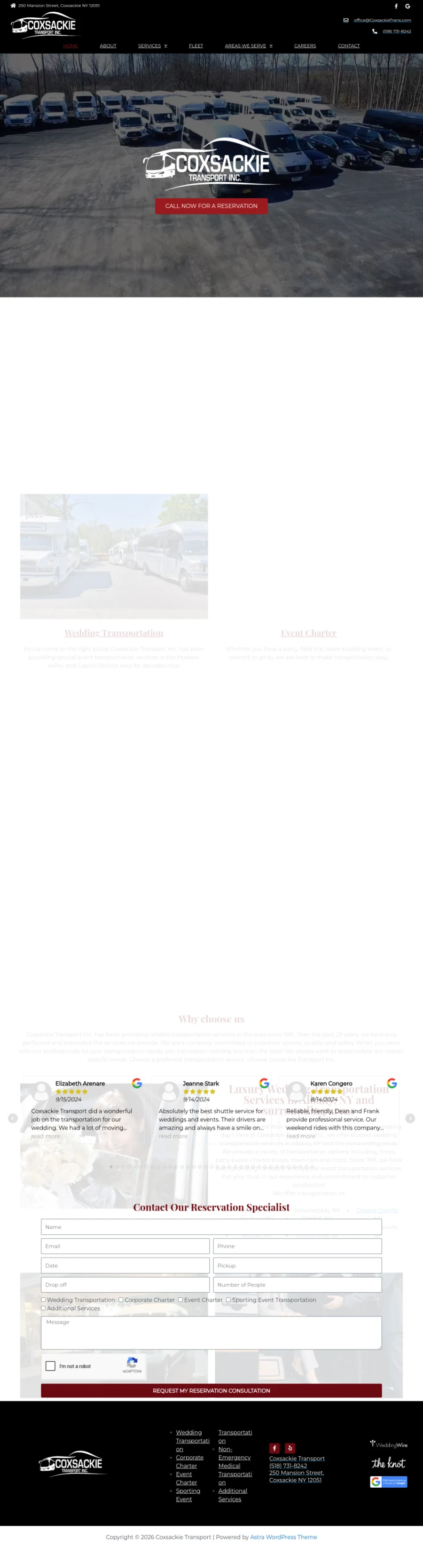Full homepage screenshot of the Coxsackie Transport website