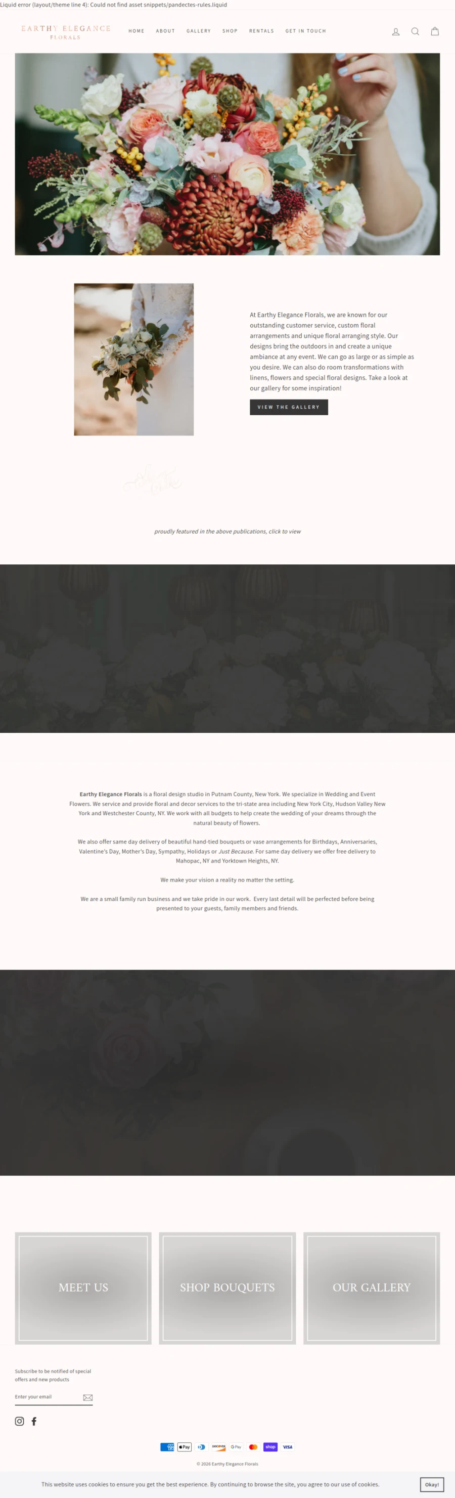 Full homepage screenshot of the Earthy Elegance Florals website