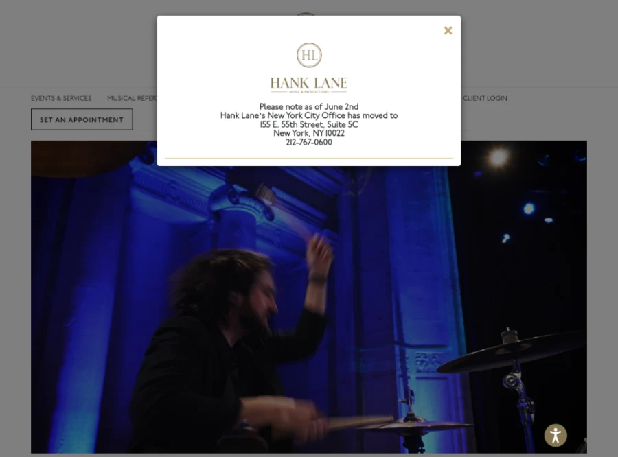 Full homepage screenshot of the Hank Lane Music website
