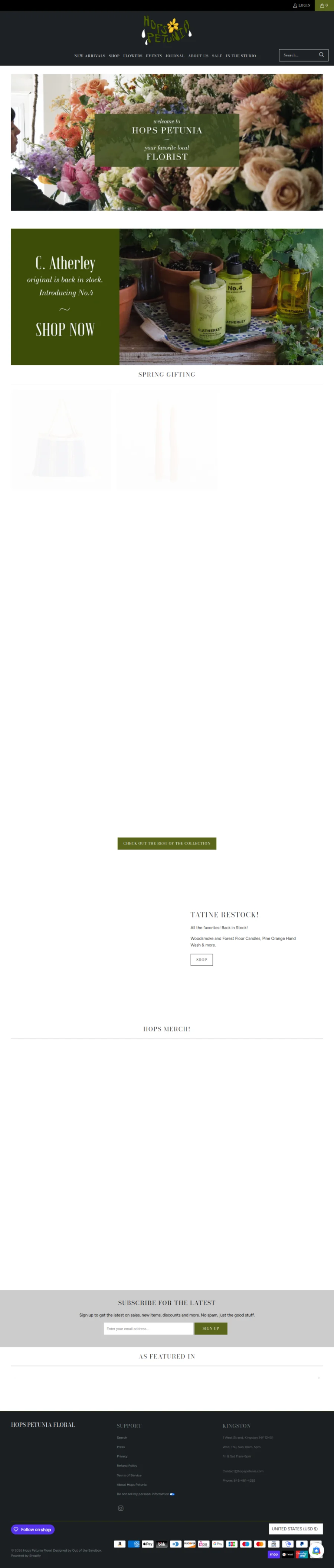 Full homepage screenshot of the Hops Petunia Floral website