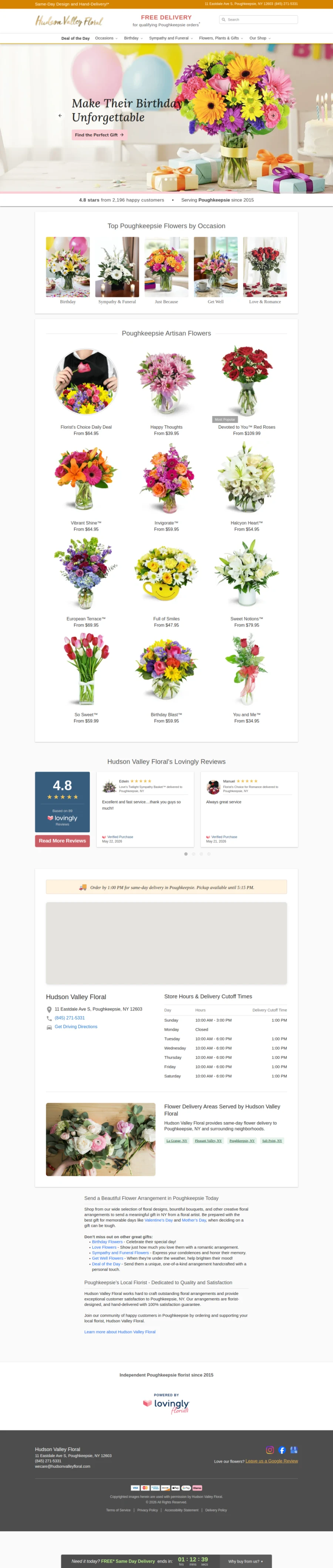 Full homepage screenshot of the Hudson Valley Floral website