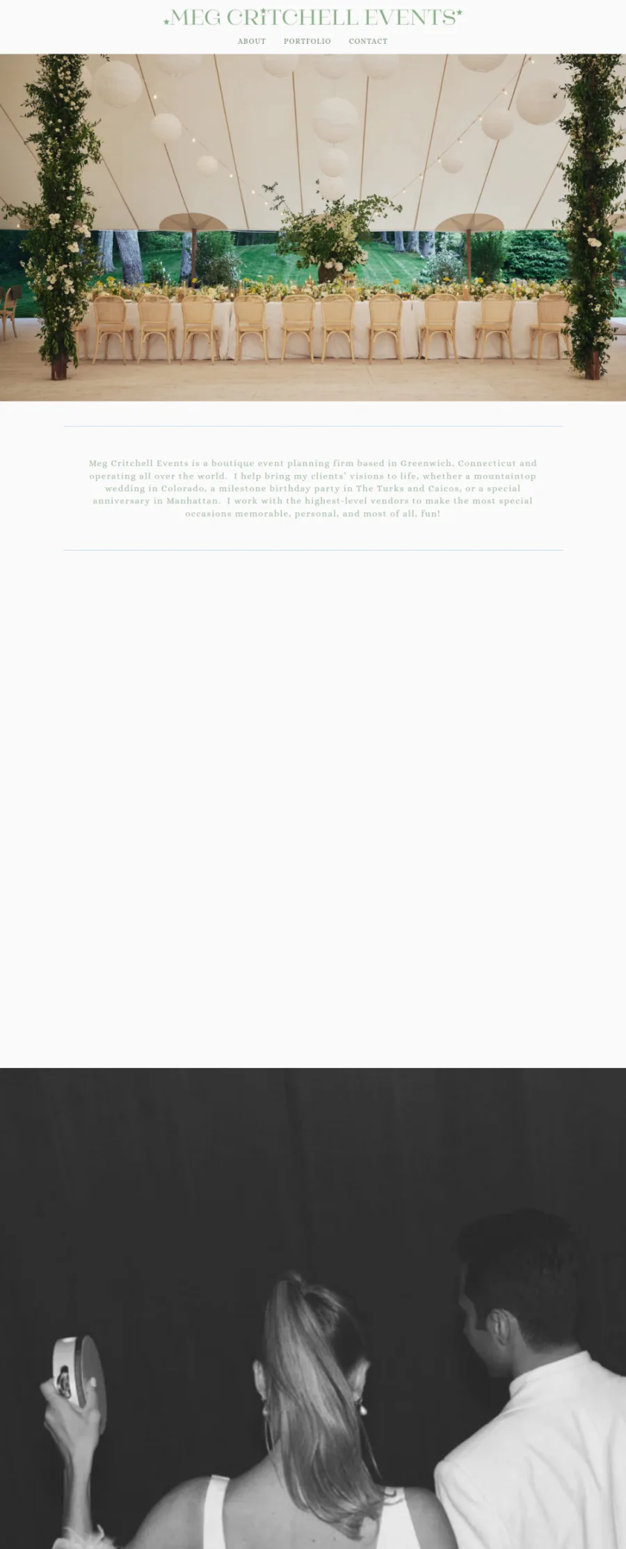 Full homepage screenshot of the Meg Critchell Events website
