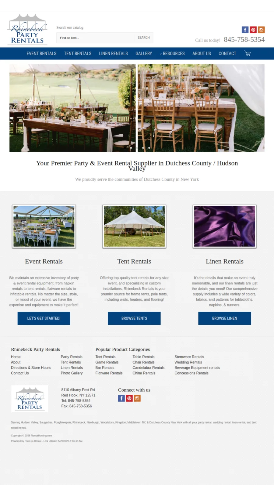 Full homepage screenshot of the Rhinebeck Party Rentals website