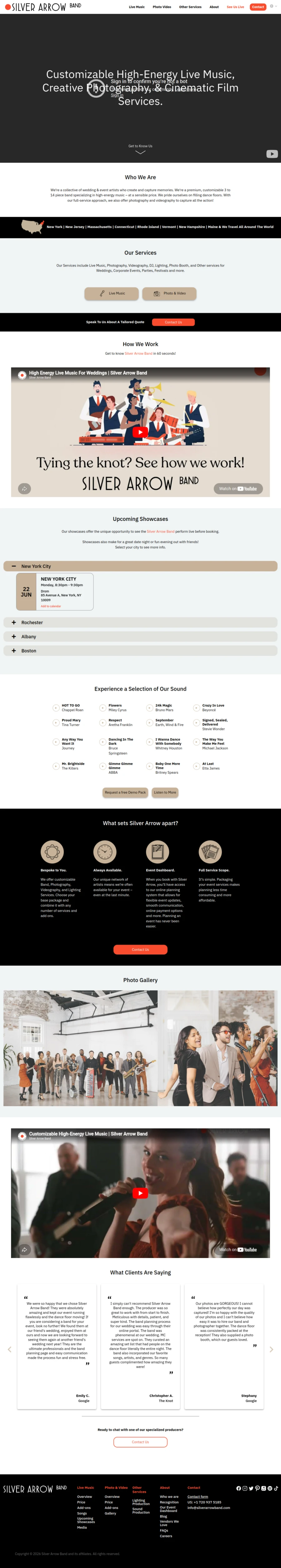 Full homepage screenshot of the Silver Arrow Band website