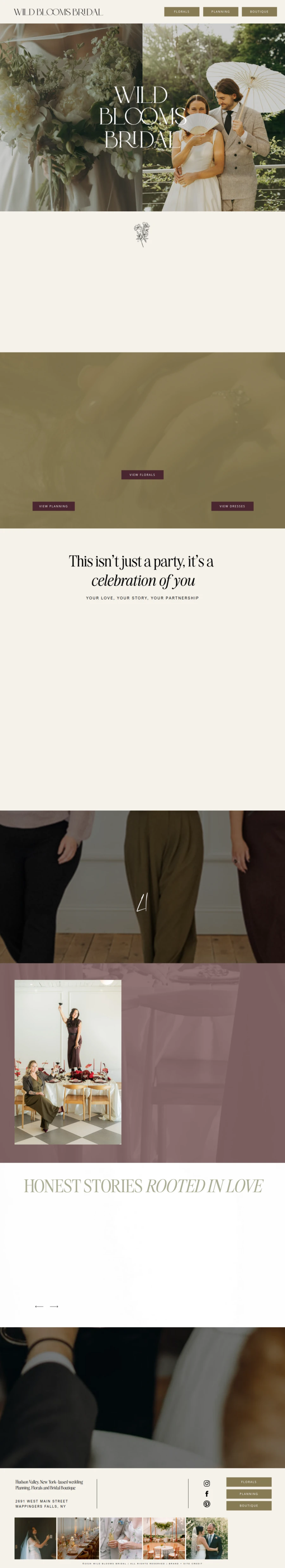 Full homepage screenshot of the Wild Blooms Bridal website