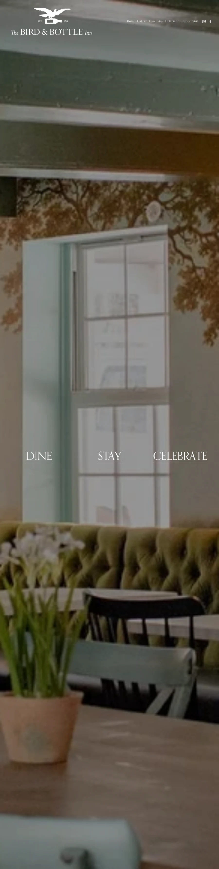 Full homepage screenshot of the Bird & Bottle Inn website