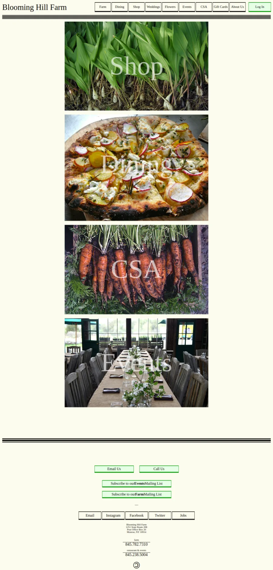 Full homepage screenshot of the Blooming Hill Farm website