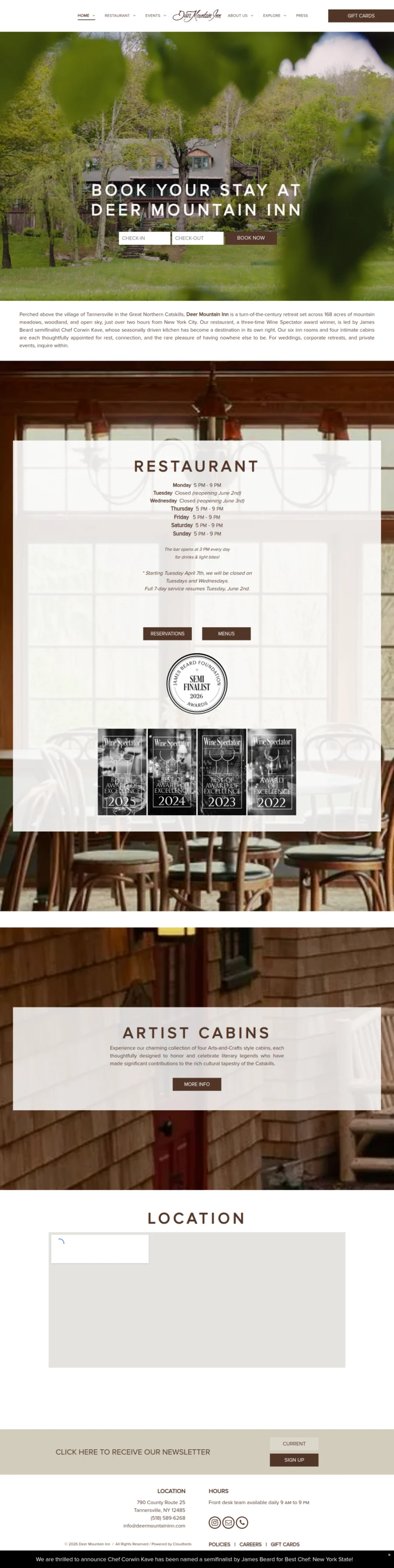 Full homepage screenshot of the Deer Mountain Inn website