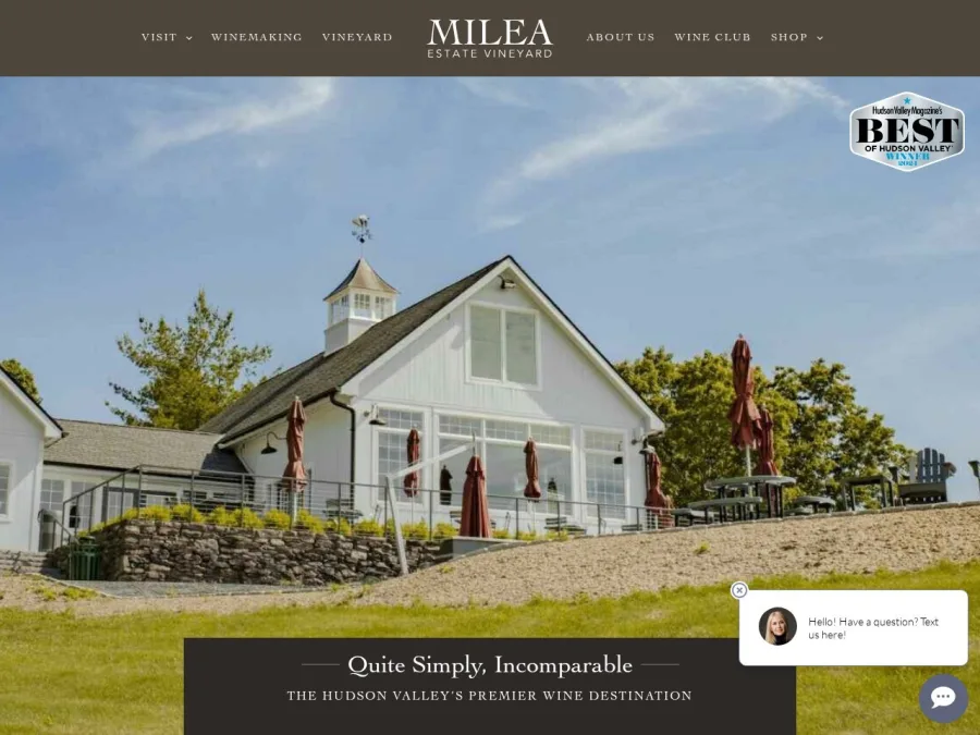 Full homepage screenshot of the Milea Estate Vineyard website