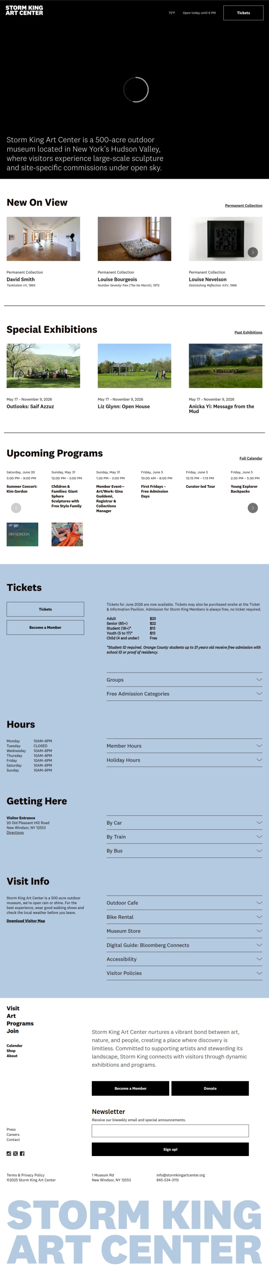 Full homepage screenshot of the Storm King Art Center website